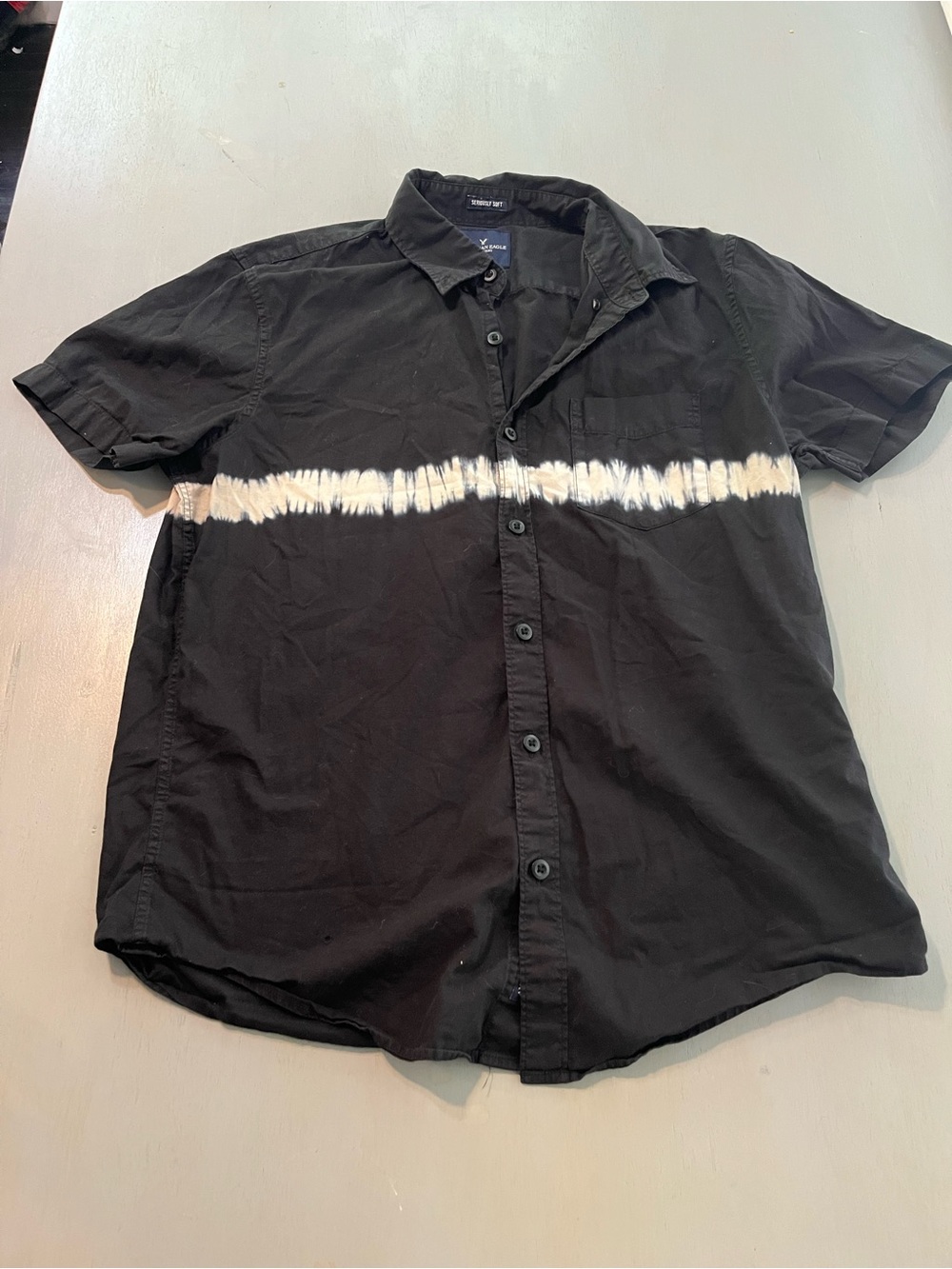 American Eagle Outfitters Black Short-Sleeve Button-Up with White Tie-Dye
